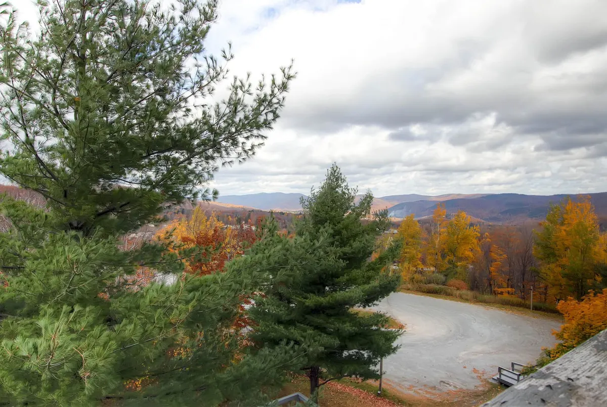This image offers a panoramic view of distant mountains and vibrant autumn trees lining a gravel road, with expansive natural scenery that reflects the changing colors of fall. The tranquil landscape is ideal for hiking, nature walks, and soaking in Vermont’s renowned autumn scenery.
